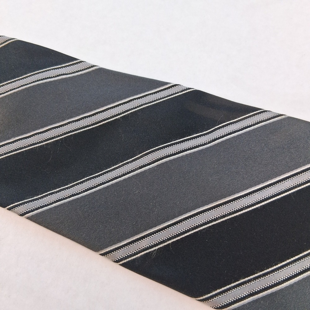Bugatti Silk Necktie Mens OS Black Grey Silver Striped Classic‎ Formal Business